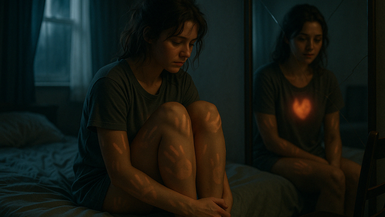 Vrouw zit stil op bed met oplichtende handafdrukken op haar huid en een gloeiend hart in haar spiegelbeeld — symbolisch voor seksueel trauma, schaamte en het lichaam dat herinnert wat het hoofd probeert te vergeten.